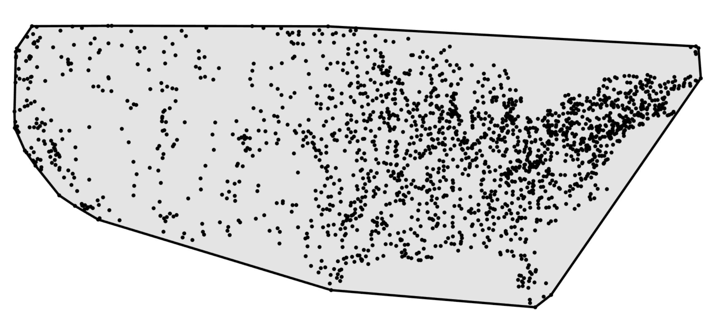 A two-dimensional point cloud enclosed by its polygonal convex hull, with the region inside the hull shaded light gray.